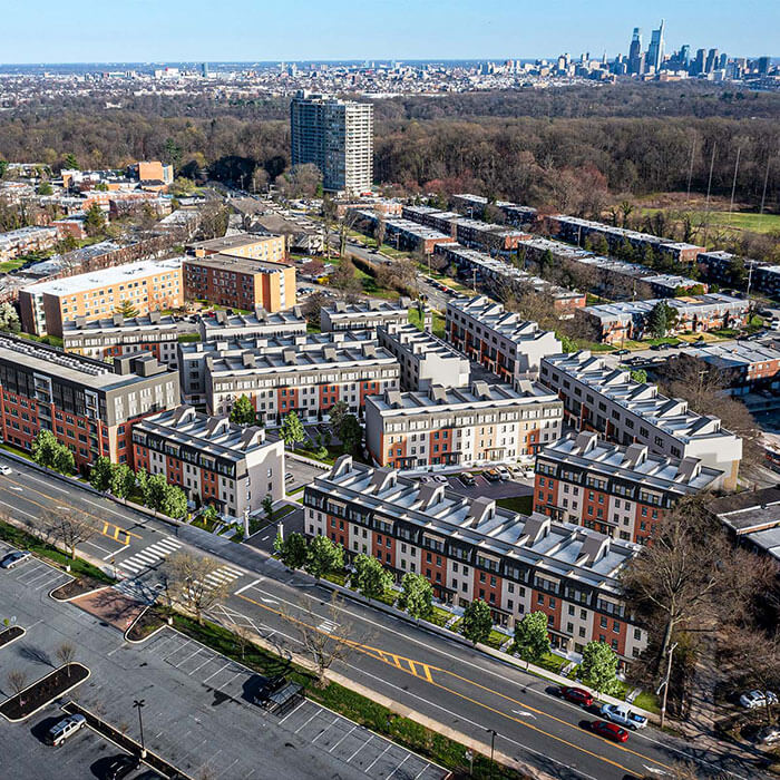 aerial drone view of Wynnefield Heights Square area