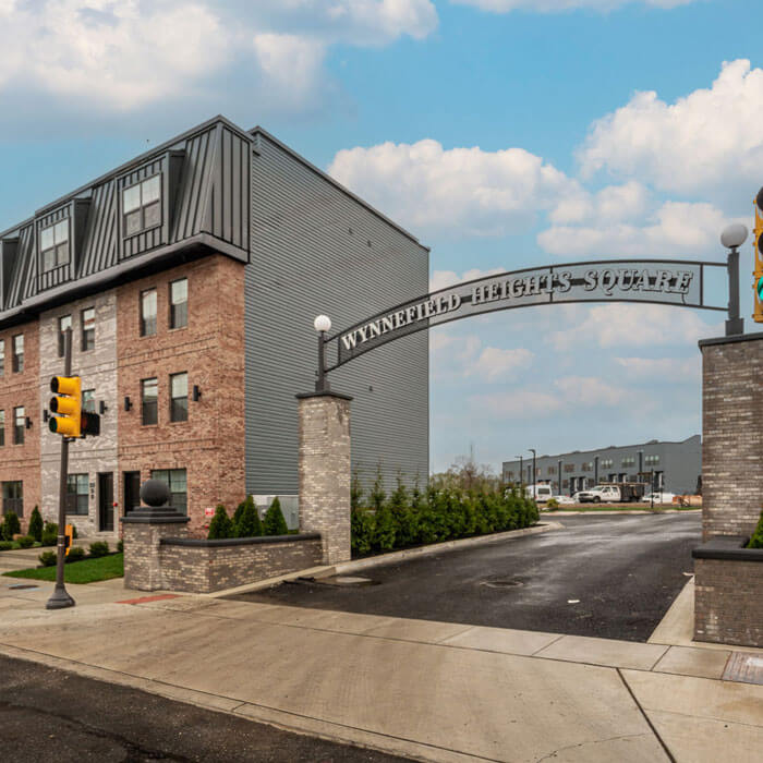 entrance into Wynnefield Heights Square with archway sign