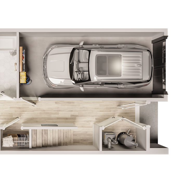 single-family townhome floor plan with attached garage