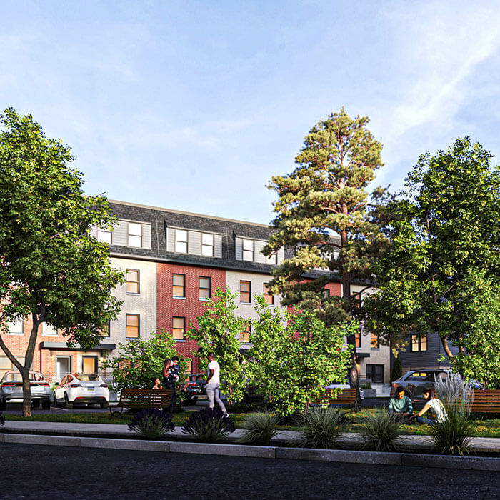exterior rendering of Wynnefield Heights Square with open concept outdoor green sapce